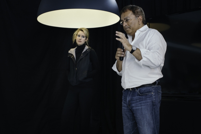 Theranos CEO Elizabeth Holmes and former Chief Operating Officer Sunny Balwani addressing the company's staff in 2015 at the company’s then-headquarters in Palo Alto, Calif.