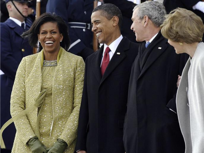 Michelle Obama, President Barack Obama, President George W. Bush, and Laura Bush